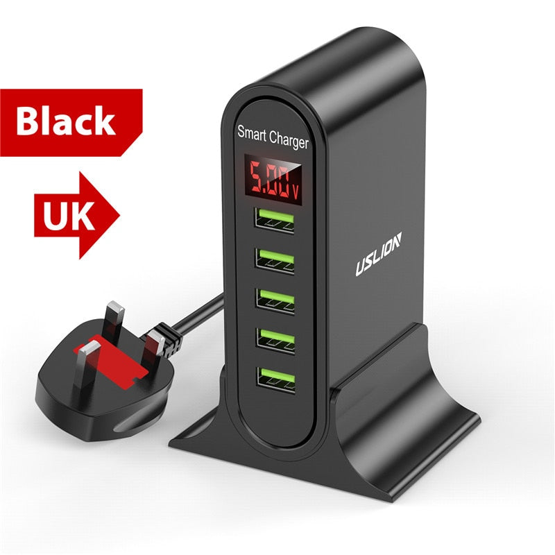 USLION 5-Port-USB-Ladegerät für Xiaomi LED-Display Multi-USB-Ladestation Universelles Telefon Desktop-Wand-Heim-EU-US-UK-Stecker