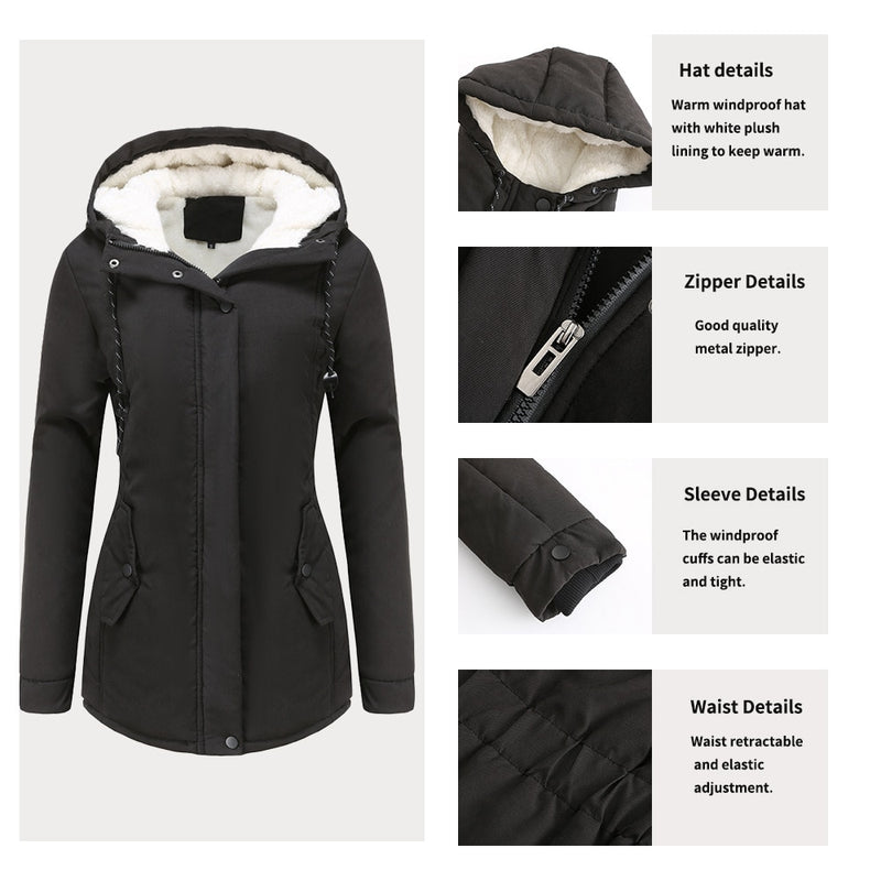 Abrigo de invierno para mujer, abrigo ajustado cálido, moda, cintura elástica, bolsillo con cremallera, con capucha, abrigos con cordón, ropa de otoño