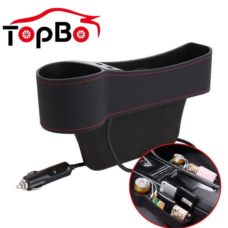 Organizador para espacio de asiento de coche, caja de almacenamiento de cuero PU, portavasos, bolsa de almacenamiento de bolsillo con abertura lateral para asiento de coche con puertos de cargador USB duales