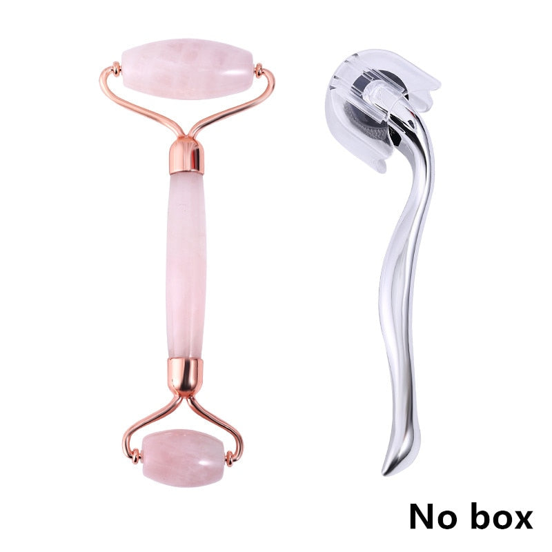 Slimming Massager Rose Quartz Roller Natural Jade Roller Microneedle Roller Jade Spatula Three-piece Skin Care Facial Massager
