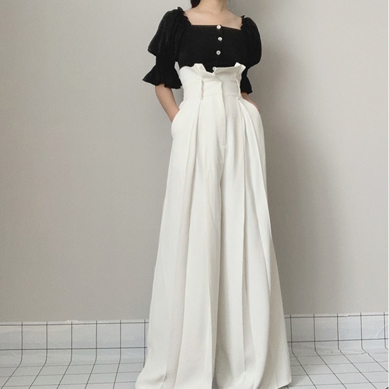 GALCAUR White Full Length Trousers For Women High Waist Loose Plus Size Pleated Ruffles Wide Leg Pants Female 2020 New Clothing