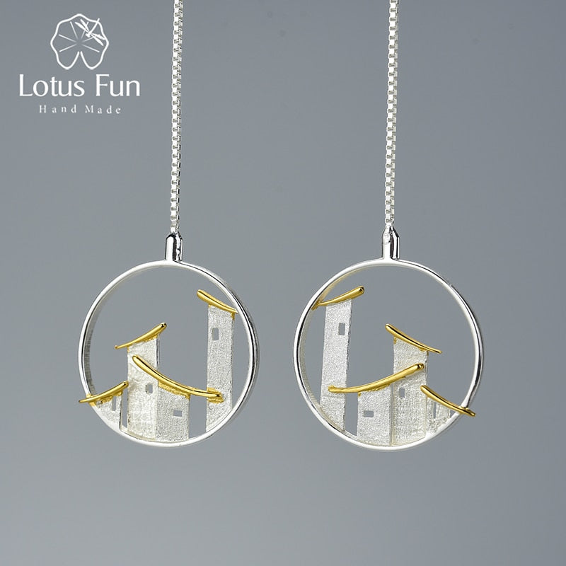 Lotus Fun Real 925 joyería fina de plata esterlina estilo arquitectónico chino Original Jiangnan Town pendientes colgantes para mujeres