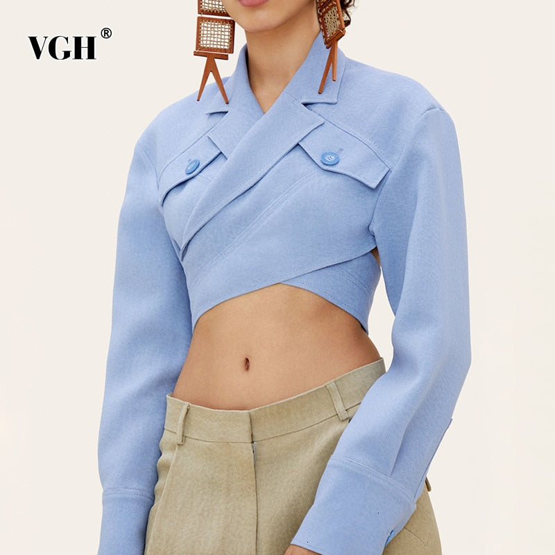 VGH Asymmetrical Slim Women's Blouses Lapel Collar Long Sleeve Casual Short Shirts Tops For Female Fashion Clothing 2022