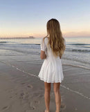 2020 Retro Embroidery Hole Stitching Lace Cross Lacing up Short Sleeve Short Dress Woman White French Mini Dresses Holiday