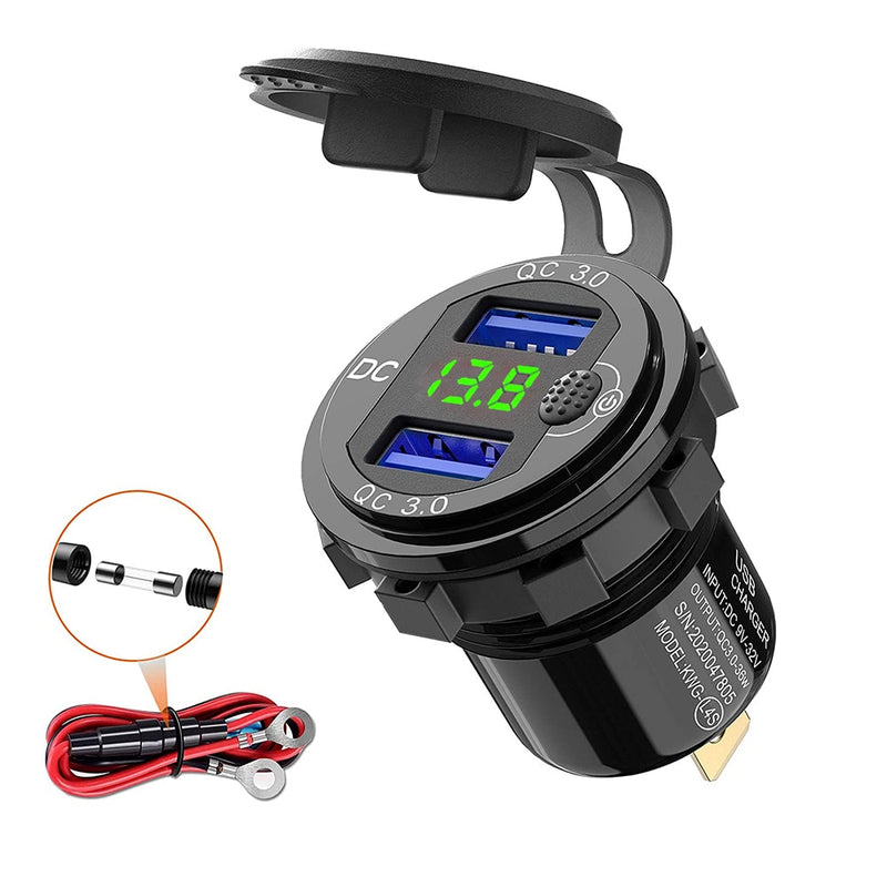 Quick Charge 3.0 36W Car Dual USB Charger QC3.0 Waterproof with Voltmeter Switch for 12V/24V Motorcycle ATV Boat Marine RV