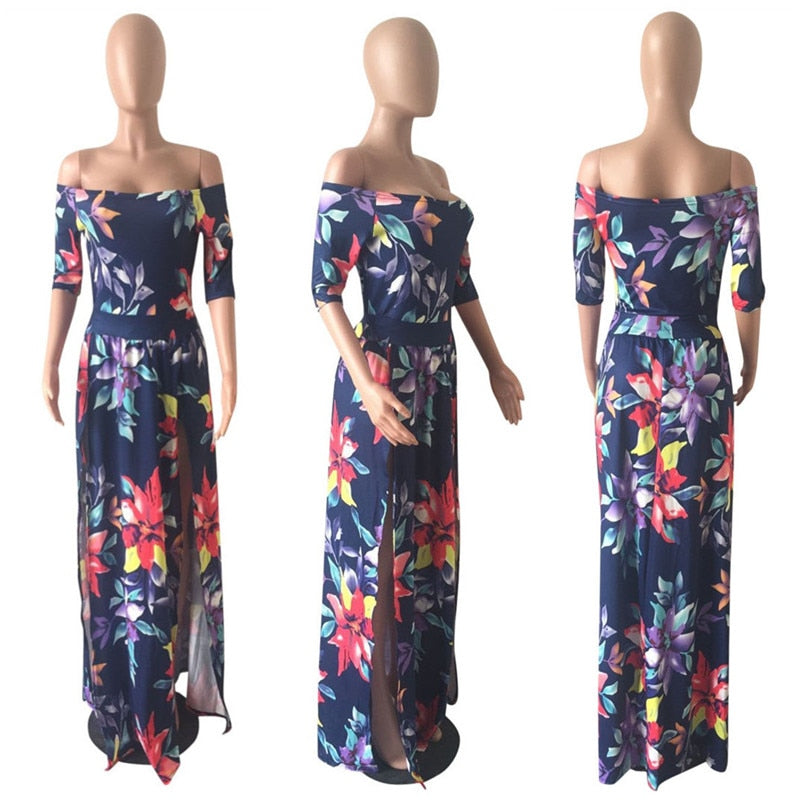 Vestido largo de playa Hobo con estampado Floral para mujer, vestido elegante de verano con hombros descubiertos y media manga con abertura alta, Vestidos de fiesta, atuendo, Vestidos de playa