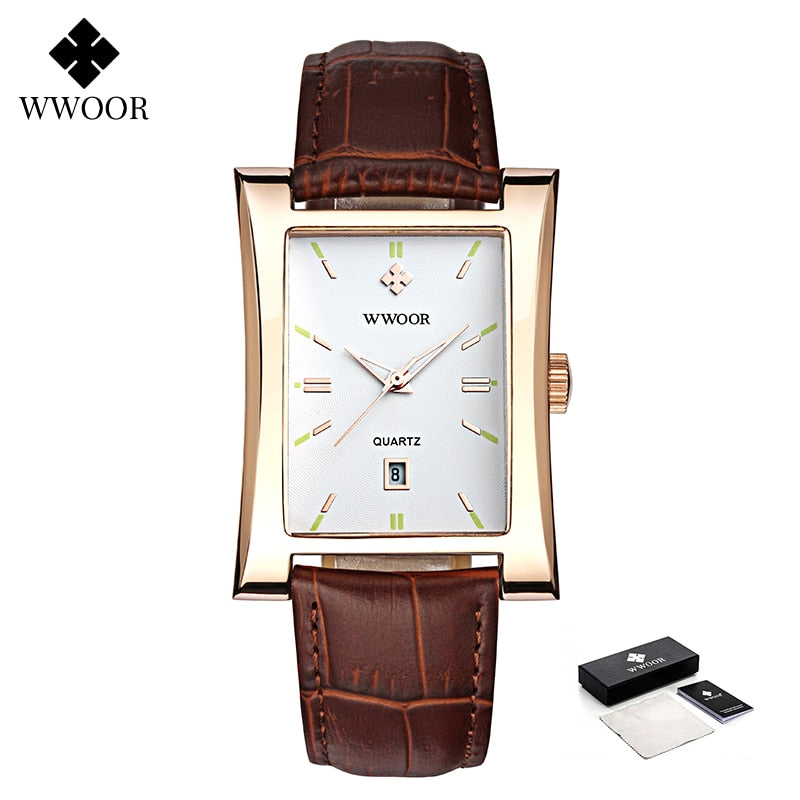 WWOOR Marke Klassische Mode Herren Rechteck Uhren Männlich Gold Braun Leder Quarz Wasserdichte Armbanduhr Für Herren Kalender Uhren