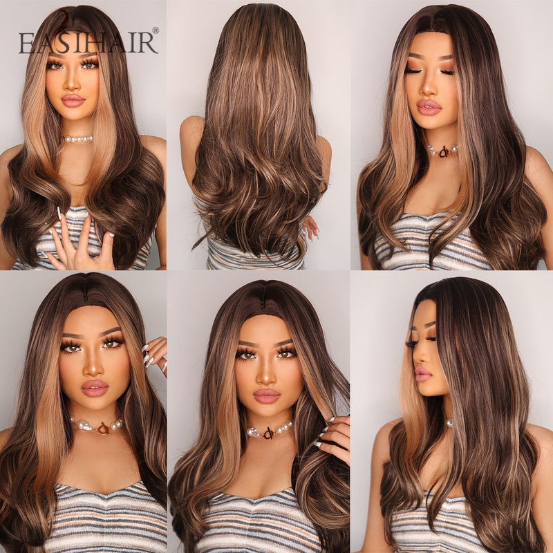 EASIHAIR Long Wavy Brown Synthetic Wigs With Blonde Highlights Cosplay Natural Hair Wigs High Temperature Fiber For Black Women