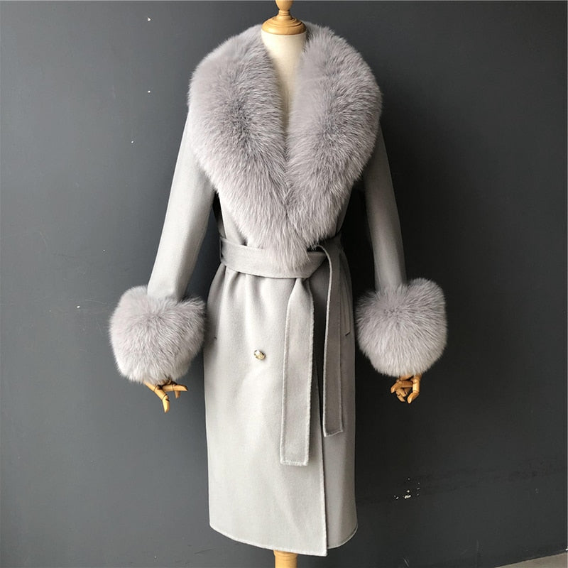 2020 Wollmantel Frauen Pied De Poule Natürlicher Fuchspelzkragen Kaschmir Wollmischungen Lange Oberbekleidung Damen Streetwear