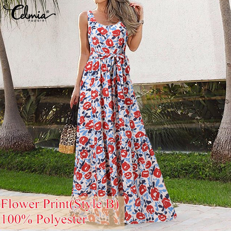 Summer Bohemian Holiday Long Dress Celmia Floral Print Beach Dress Women Sleeveless Maxi Sundress Casual Loose Party Vestidos