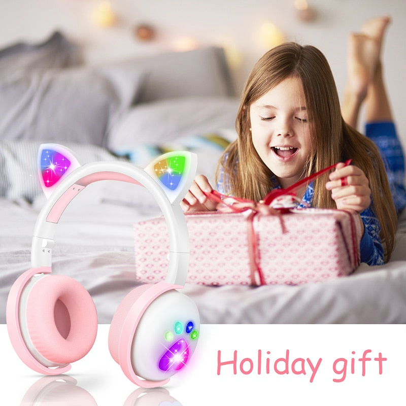 Cute Kids Headphones Wireless Earphones,Control LED light Cat Ear Girl Child Gift Blue-tooth Gaming Headset Stereo Bass With Mic