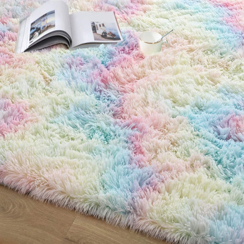 Rainbow Fluffy Rugs Anti-Skid Shaggy Area Rug Dining Room Living Room Mat Bedroom Bedside Plush Carpet Floor Mat Home Decor