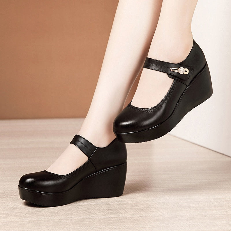 GKTINOO 2022 Spring Leather Shoes Women Platform Wedges Shoe High Heels Round Toe Comfortable Black Women Pumps Large Size 33-43