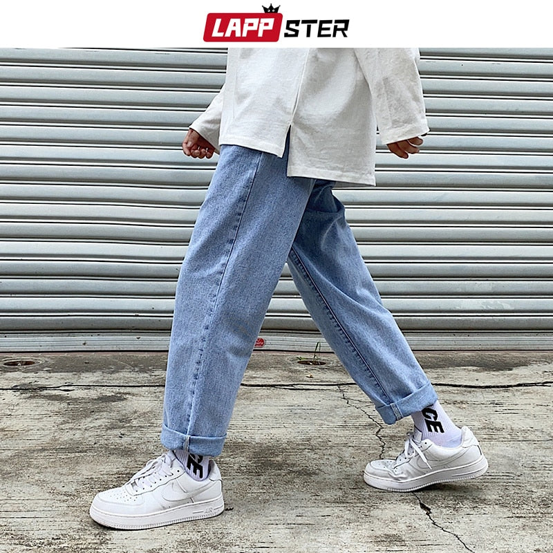 LAPPSTER Herren Graue Streetwear Baggy Jeans 2022 Herren Kpop Solid Denim Hose Paar Hohe Taille Vintage Übergroße Joggerhose