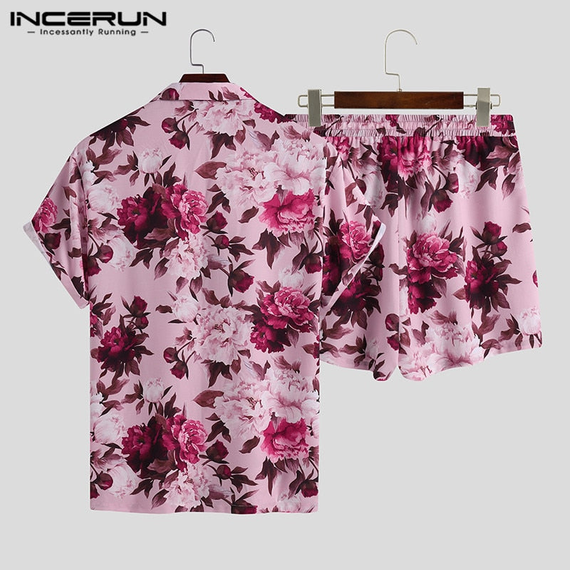 INCERUN Men Sets Flower Printed Vacation Breathable Beach Lapel Short Sleeve Shirt Shorts Streetwear Men Hawaiian Suits 2 Pieces