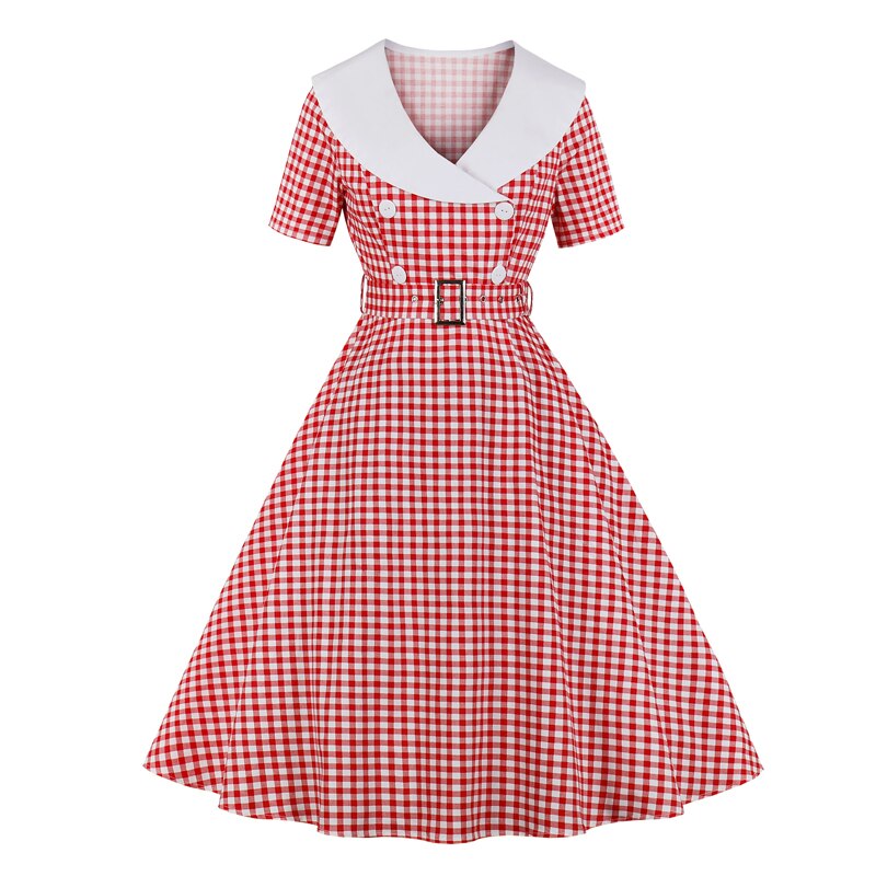 Tonval Gingham Print cintura alta Vintage A Line algodón Midi vestidos para mujer doble botonadura 1950S Rockabilly Plaid vestido