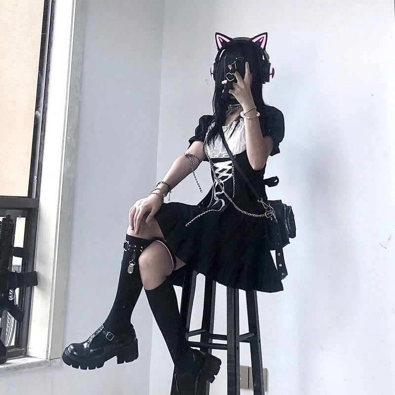 QWEEK Goth Maid Dress Kawaii Gothic Milkmaid  Lolita Outfit Cosplay Costume E Girl Puff Sleeve Bandage Dress 2021 Mall Goth Emo