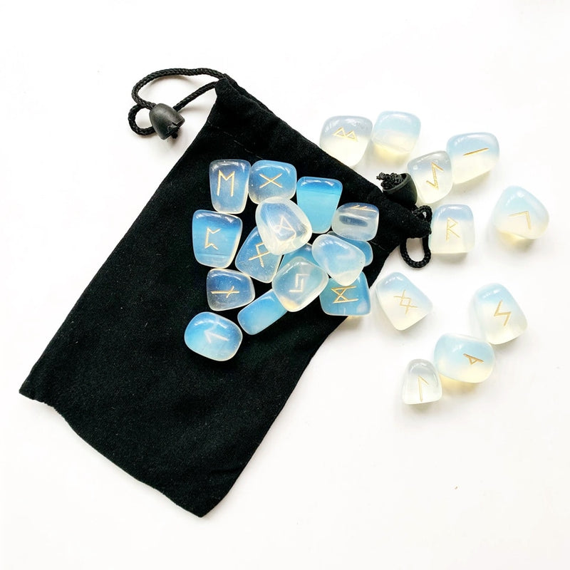 White Opalite Opal Rune Stones Set Tumble Stones Polished Viking Nordic Runes Amulet Divination Crystal 25pcs/set