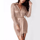 Frauen Sexy Kleid Strickpullover Kleid Silber Gold Club Party Figurbetontes Kleid Tiefer V-Ausschnitt Langarm Strickjacke Robe mit Gürtel 2018