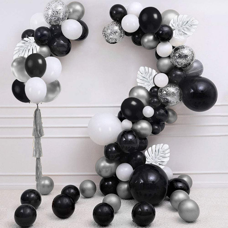 Kit de arco de guirnalda de globos, juego de decoración de cumpleaños de 100 piezas con globos plateados metálicos, blancos, negros y confeti más plata Pa