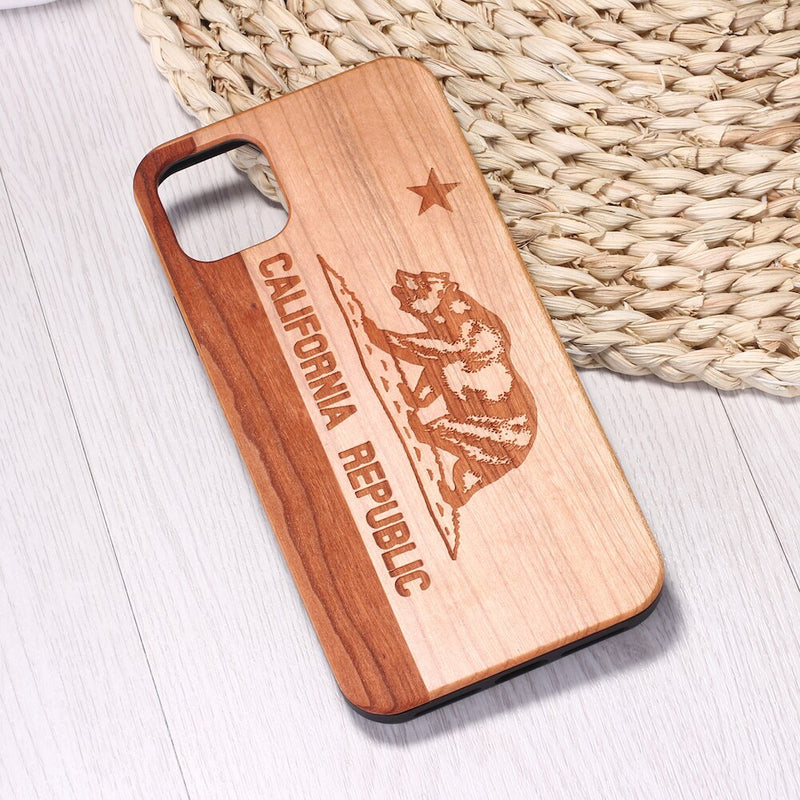 California Republic Bear Real Wood Phone Case Coque Funda For iPhone 14 14ProMax 14Plus 13Promax 13 12 11