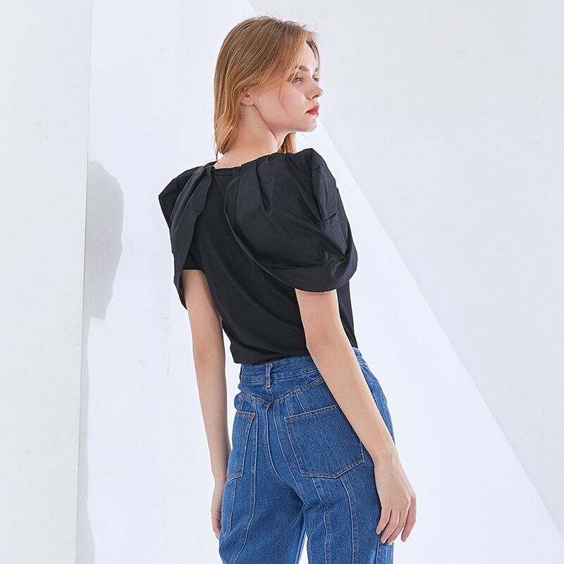 TWOTWINSTYLE Black Chic T Shirt For Women O Neck Puff Short Sleeve Slim Ruched Casual T Shirts Female Fashion New Style Summer