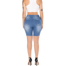 Sommer Denim Zerrissene Bermuda Shorts Damen Blau Kordelzug Distressed Knielange Stretch Kurze Jeans