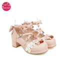 Zapatos japoneses de Lolita Mary Janes, zapatos de princesa rosa con correa en el tobillo, pajarita, volantes de fresa, zapatos de tacón para uniforme de Cosplay de boda de talla grande 48