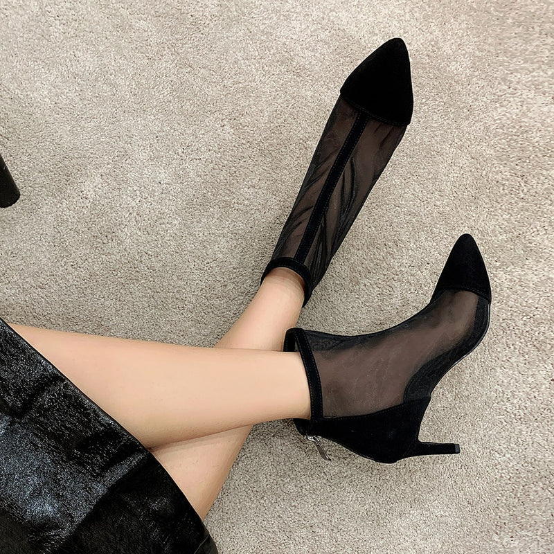 Sexy Mesh Boots Women Pointed Toe High Heels Woman&