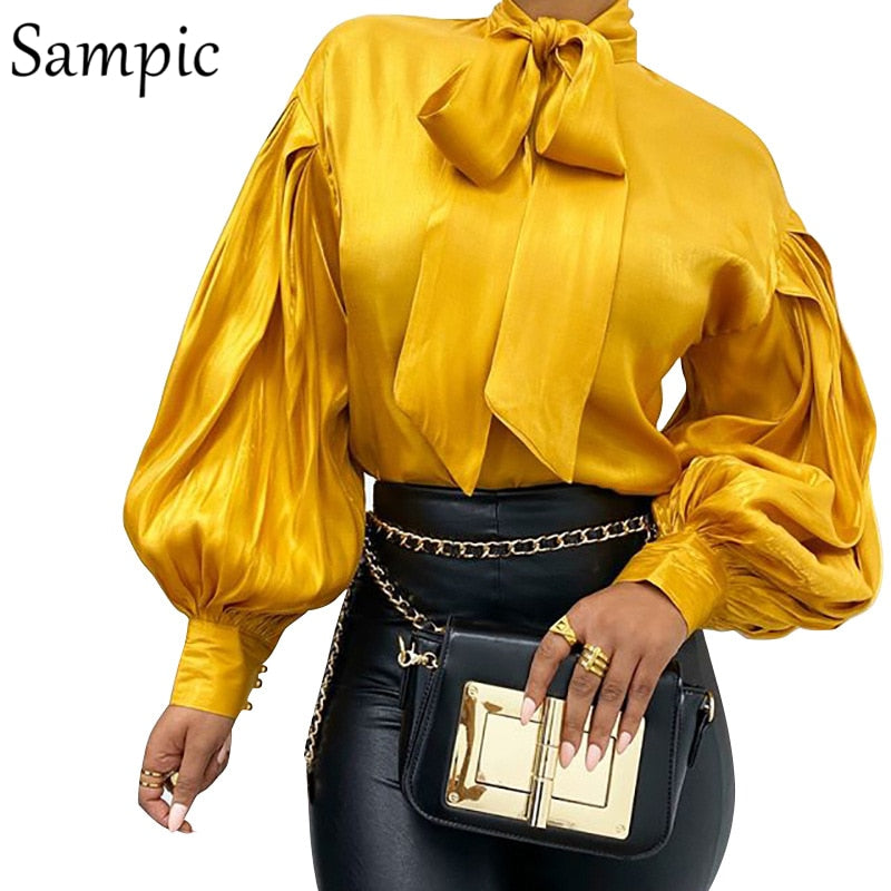 Sampic Women Fashion Female Casual Office Turtleneck Satin Blouse Shirt Red Vintage Long Sleeve Blouse Tops Spring