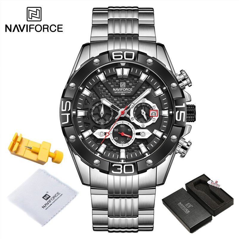 NAVIFORCE Modeuhren für Herren Luxus Original Classic Quarzuhr Analog Chronograph Sport Wasserdicht Stahlband Armbanduhr