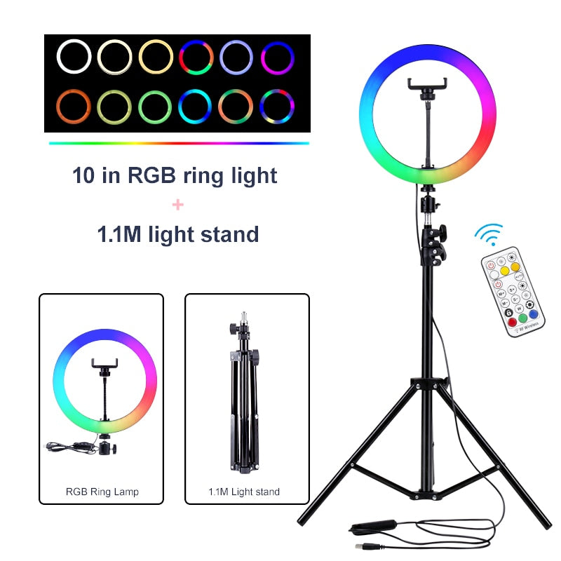 LED 10 Zoll RGB dimmbare Ringlampe mit Telefonclip Fernbedienung Fotografie Bunte Beleuchtung für YouTube Live Stream