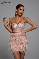 High Quality Celebrity Fashion Pink Feather Bodycon Cute Strapless Dress Evening Party Dress Vestidos