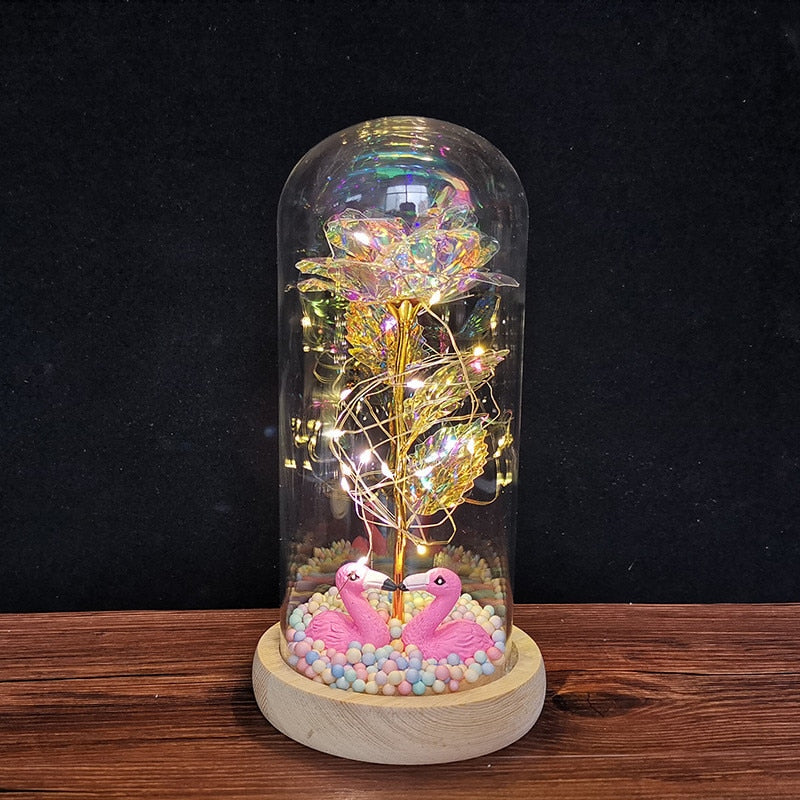 LED Enchanted Galaxy Rose Eternal 24K Gold Foil Flower with String Lights In Dome for Home Decor Christmas Valentine&