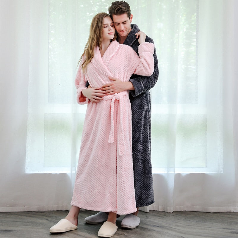 Albornoz de invierno de talla grande para hombre, albornoz largo de lana Coral, Kimono, albornoz cálido de franela, albornoz acogedor para hombre, ropa de dormir de noche, bata de mujer