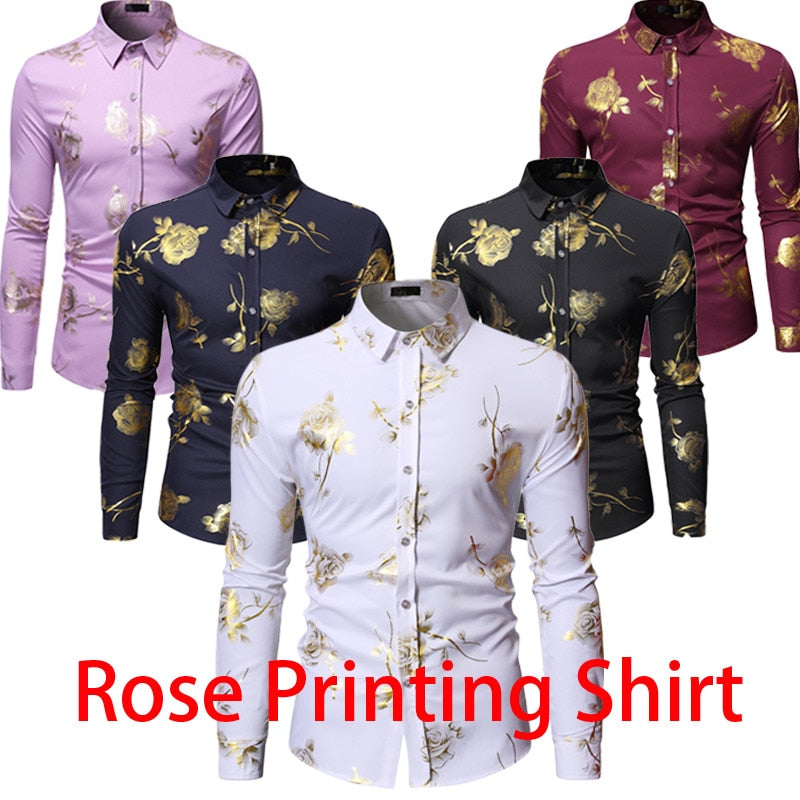 Mens Gold Rose Floral Print Shirts Brand Floral Steampunk Chemise White Long Sleeve Wedding Party Bronzing Camisa Masculina