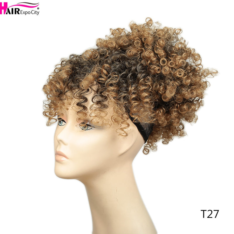 Short Kinky Curly Chignon With Bangs Synthetic Hair Bun Drawstring Ponytail Afro Puff Hair pieces For Women Clip Hair Extension