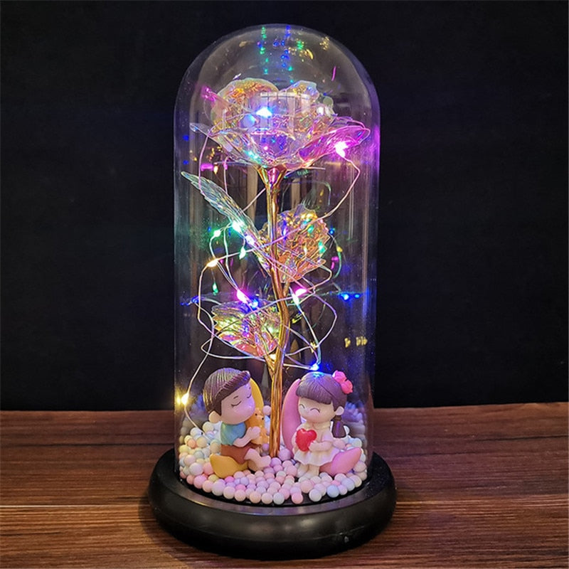 LED Enchanted Galaxy Rose Ewige 24 Karat Goldfolie Blume mit Lichterketten in Kuppel für Heimdekoration Weihnachten Valentinstagsgeschenk