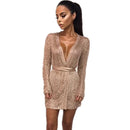 Frauen Sexy Kleid Strickpullover Kleid Silber Gold Club Party Figurbetontes Kleid Tiefer V-Ausschnitt Langarm Strickjacke Robe mit Gürtel 2018