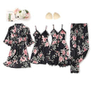 Black Sexy Women Robe Set Faux Silk Kimono Bathrobe Gown 5PCS Sleepwear Suit Hollow Out Lace Nightgown Home Wear Wedding Gift