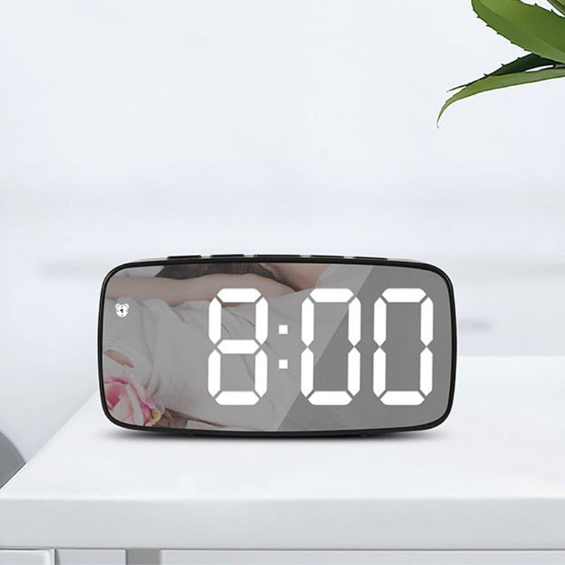 LED Mirror Screen Alarm Clock Creative Digital Clock Voice Control Snooze Time Date Temperature Display Rectangle/Round Style