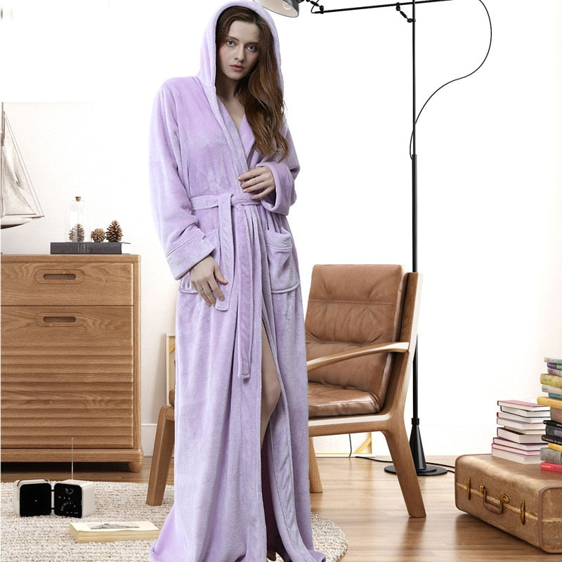 Women Men Winter Plus Size Flannel Robe Extra Long Hooded Warm Bathrobe Lovers Thick Kimono Bath Robe Male Dressing Gown Robes