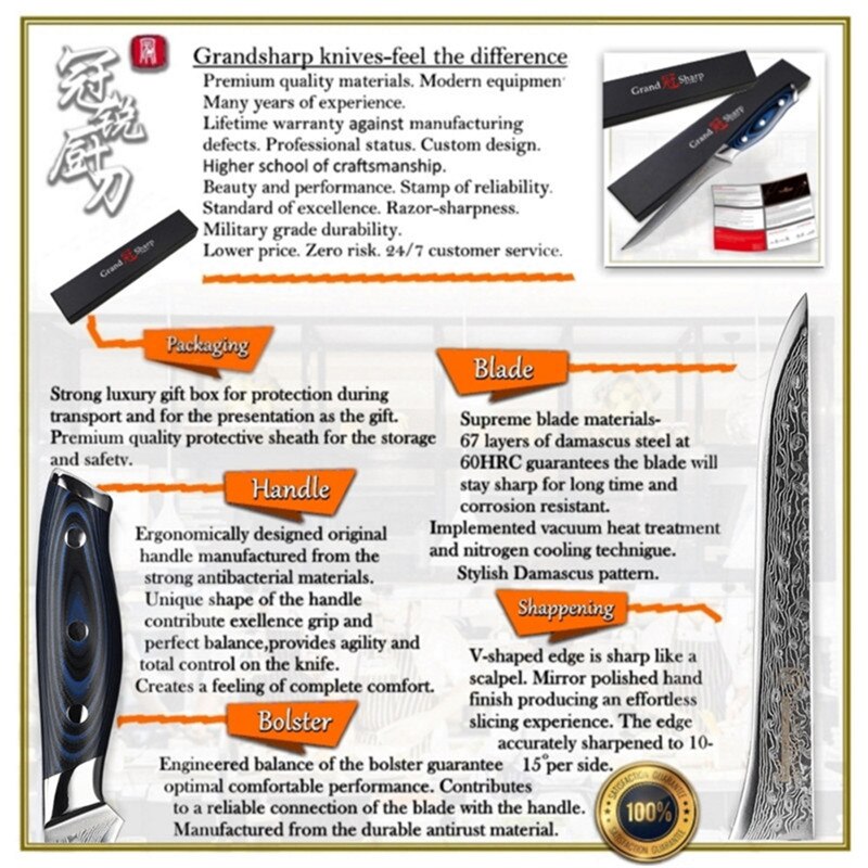 Cuchillo de cocina Damasco de 6 pulgadas para deshuesar, 67 capas VG10, cuchillo de cocina japonés de Damasco, cuchillos para filetear, caja de regalo Grandsharp