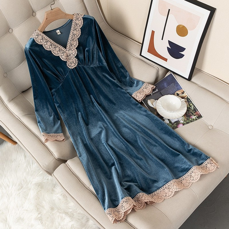 Nightgown Autumn V-Neck Nightdress Women Sleepwear Velvet Nightwear Home Dressing Gown Long Sleeve Intimate Lingerie Negligee