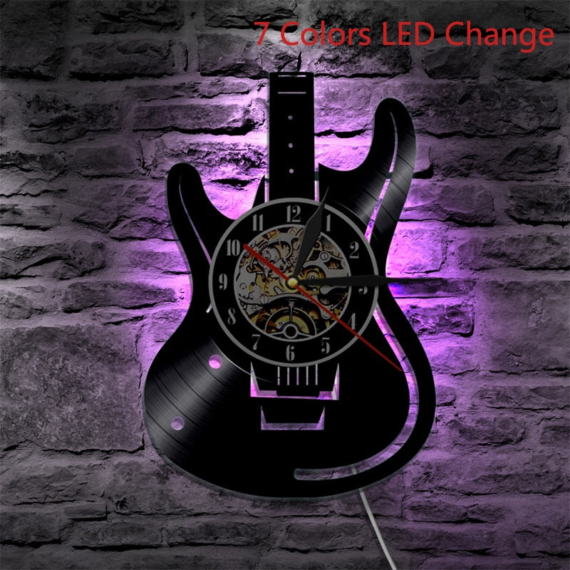 Vinyl Schallplatte LED Wanduhr Modernes Design Musikthema Gitarrenuhr Wanduhr Wohnkultur Musikinstrumente Geschenk für Musikliebe