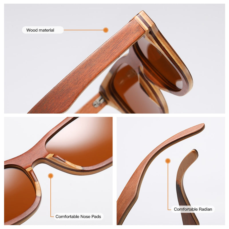 GM Polarized Sunglasses Women Men Layered Brown Skateboard Wooden Frame Square Style Glasses for Ladies Eyewear In Wood Box