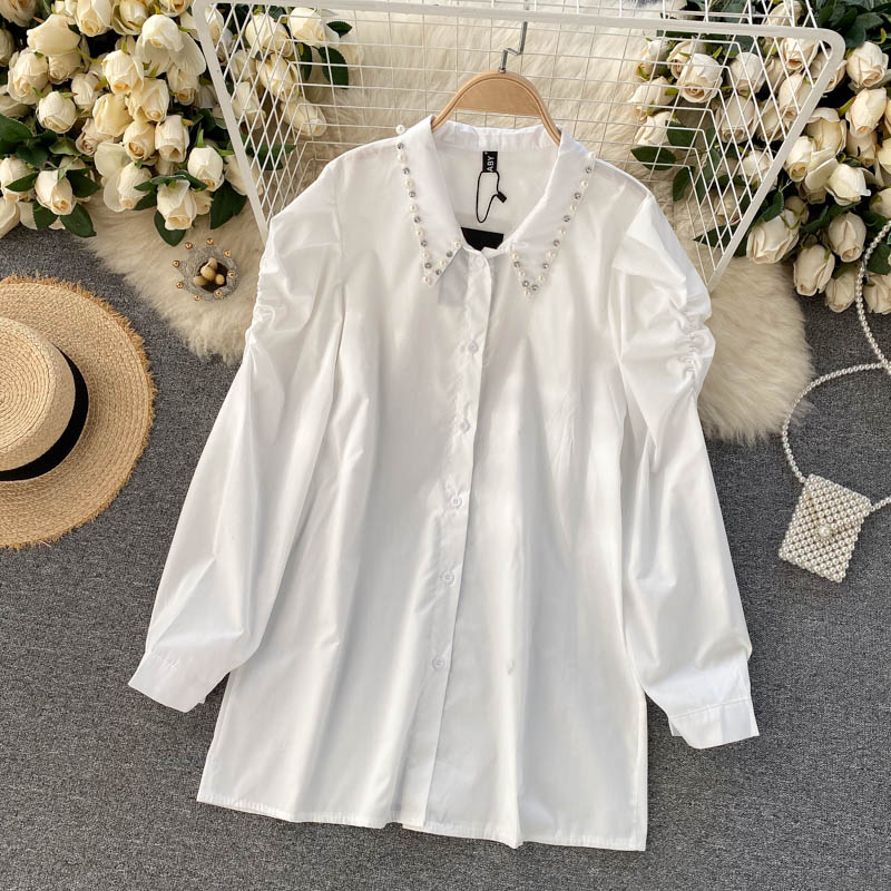 Spring 2022 New Temperament Blouse Female Lapel Beaded Stacking Bead Blusa Sling Waistcoat C Fashion Two-piece Shirt Dropship