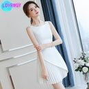 LDYRWQY 2021 summer new classic French slim pleated white dress V-Neck  Natural  Tank  Knee-Length  Sleeveless  Zippers