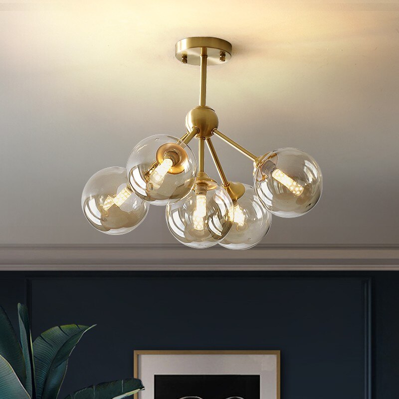 Modern copper LED chandelier dining room glass lighting bedroom cognac glass ball restaurant Nordic living room hanging lamp