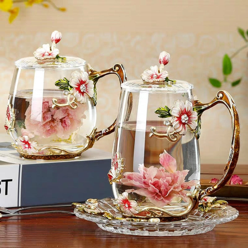 Schönheit und Neuheit Emaille Kaffeetasse Becher Blume Tee Glas Tassen für heiße und kalte Getränke Teetasse Löffel Set Perfektes Hochzeitsgeschenk